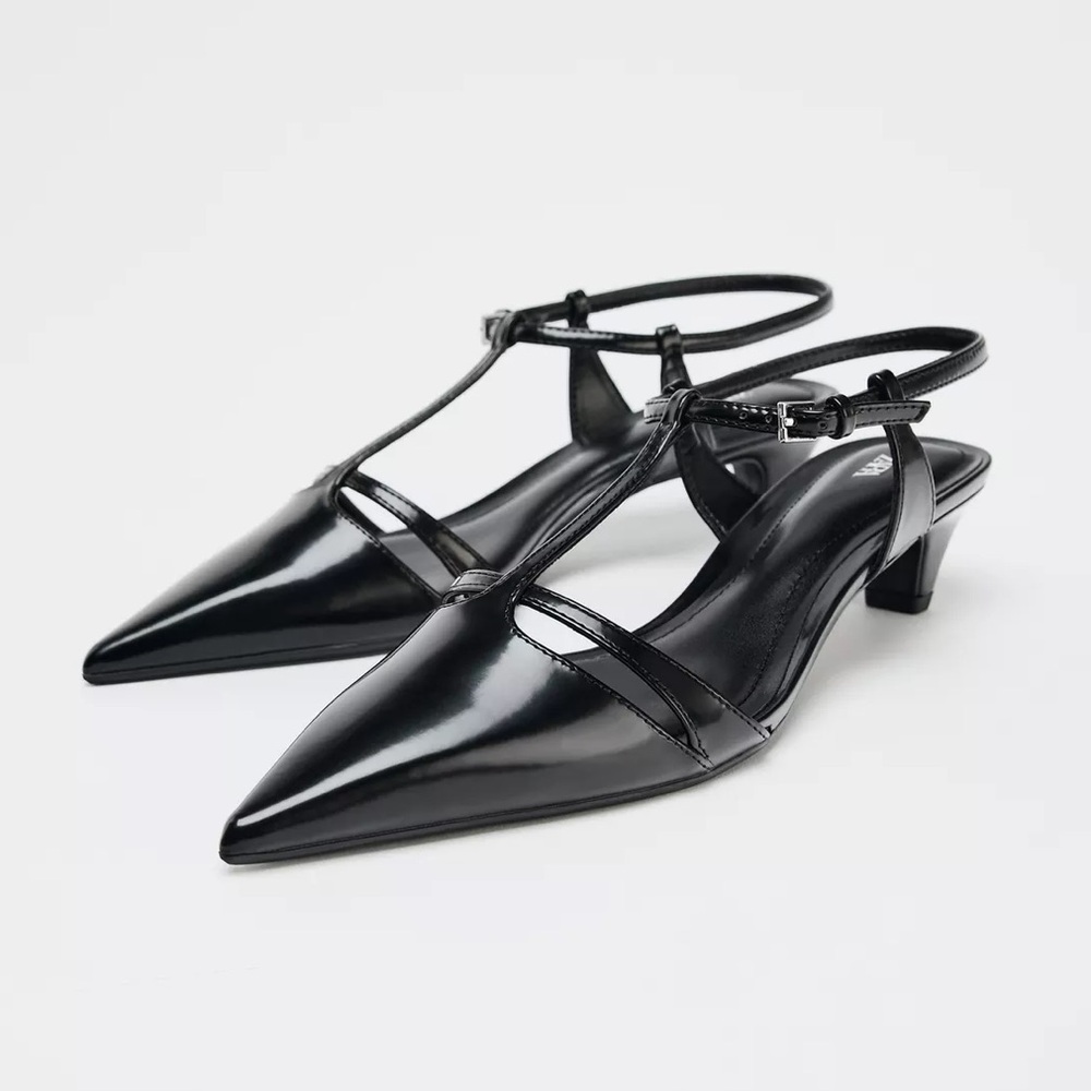 Zara Pointed Toe Strappy Kitten Heel Pumps Sz:8 Black